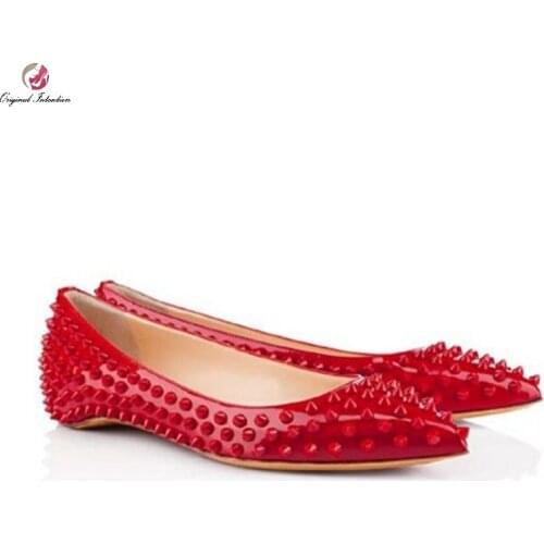 Original Intention Fashion Womens Flats Elegant Comfortable Pointed Toe PU Rivet Flats Shoes Red Woman Shoes Plus Size 35 45
