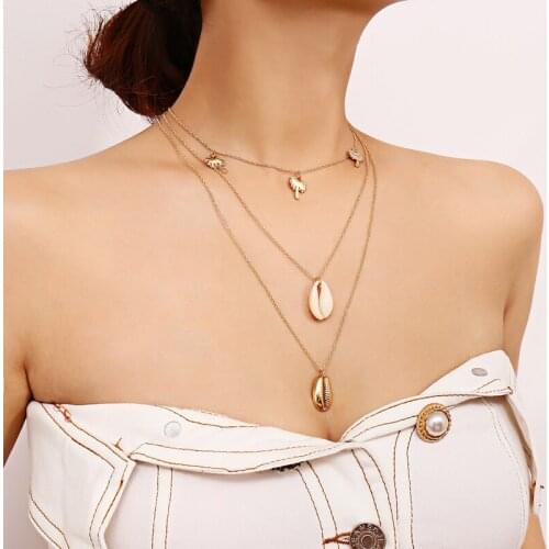 HuaTang Bohemian Shell Pendant Necklace for Women Multi-layer Gold Color Coconut Tree Clavicle Chain Beach Jewelry Party 17579