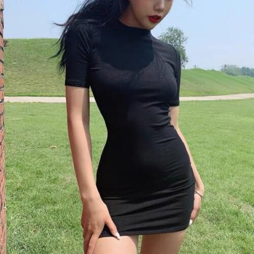 Summer New Sexy Bag Hip Dress Mid-sleeve Round Neck Solid Color Thread Elastic Tight-fitting Mini Dress Fashion