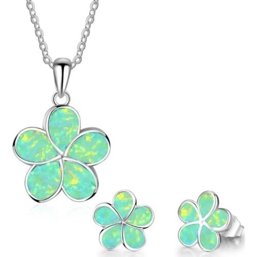 Silver Plated 5 Colors Opalite Opal Flower Pendant Necklace Stud Earrings Temperament Jewelry Sets