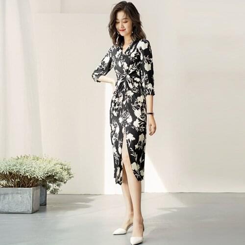 Silk Three Quarter Sleeve Dress Women Simple Design 95% Silk Flower Printed V Neck Waist Elegant Dresses New Fashion