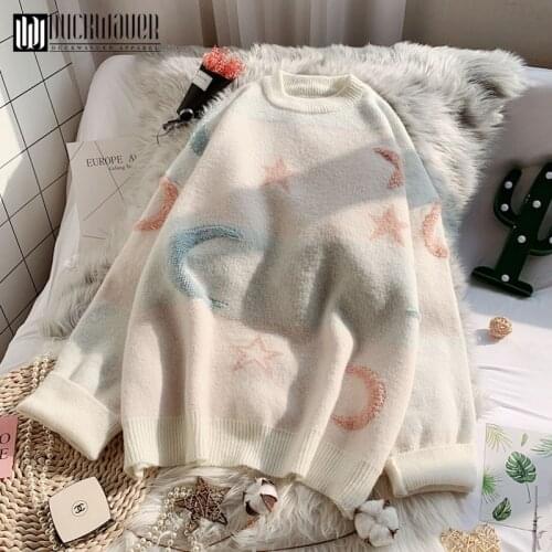 Duckwaver Chic Women Pull and Sweaters 2020 New Stars Moon Casual Jumper for Women Sweet Knitwear Pink Sweater and Pullovers