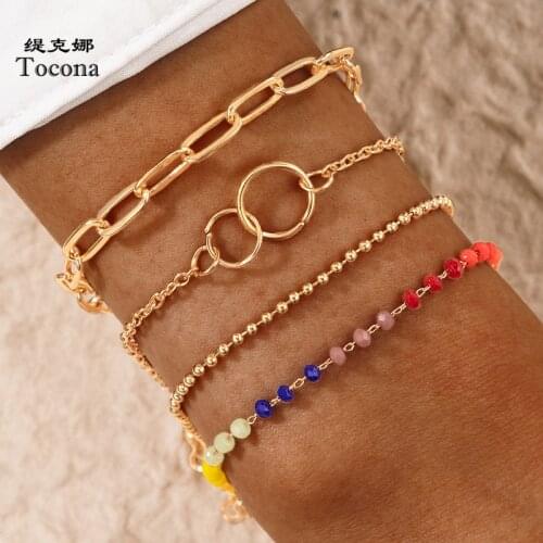 Tocona Colorful Beaded Bracelets for Women New Trendy Hollow Out Geoemtric Alloy Metal Adjustable Jewelry Accessories 17758