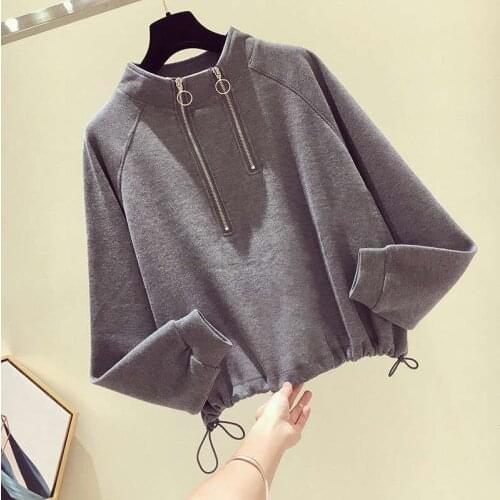 Women Zip Up Hoodie Oversize Autumn Winter Loose Thick Stand Collar Grey Cute Sweatshirts Ladies Girls Long Sleeve Crop Top Xxl