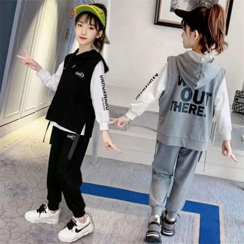 Clothing Sets Childrens Tops Girl for Spring & Autumn Fashion Kids 3 Pieces Sport Suits Hooded Vest+T Shirt+Pants 2021 New