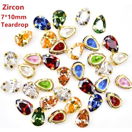 High Quality Zicron Rhinestones 7*10mm Teardrop Stone With Gold Claw Sew On Wedding Dress Decoration DIY Accessories 10pcs/lot