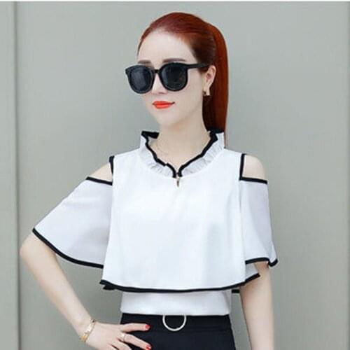 Korean Version Women Fashion Lotus Sleeve Casual Blouses Shirts Black Bare Shoulders Temperament Tops Chiffon BlusasMM0211