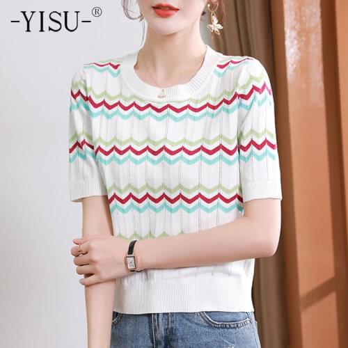 YISU Women Wool Summer Thin section Sweater V-Neck Female Casual Jumper Wave pattern 2021 New Short sleeve Knitted Pullover