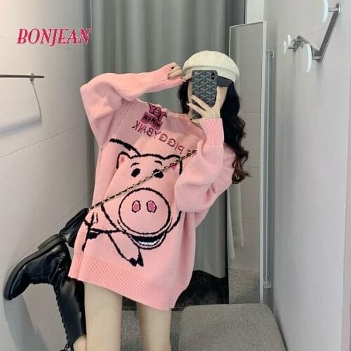 Pink Sweater Japanese Fashion Women 2020 Cute Pig Autumn and Winter Warm Knit Loose Oversized Sweater Korean Kawaii Pull Femme