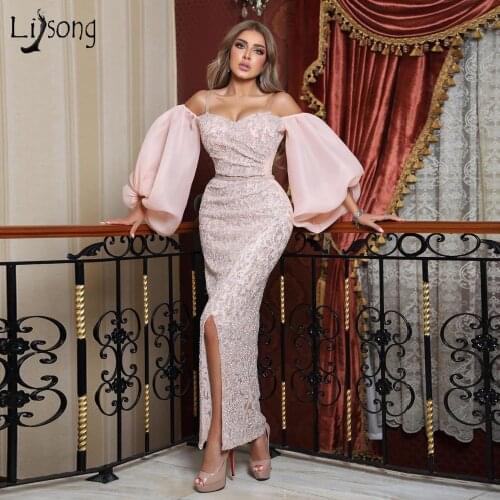 Saudi Arabia Elegant Off the Shoulder Evening Dresses 2021 New Dubai Arabic Sparkly Lace Prom Dress Puffy Long Sleeve Party Gown