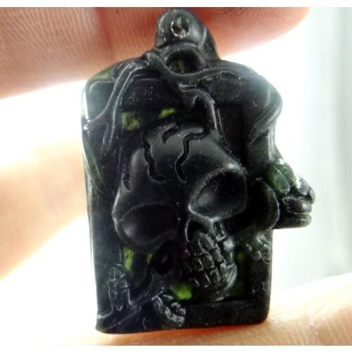35*25Wholesale natural Chinese black green stone hand-carved statue of Skull amulet pendant necklace Jewelry Making