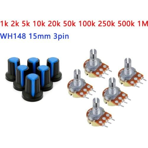 5pcs/lot WH148 Blue Kit Carbon Film Potentiometer 15mm 3pin B1K 2K 5K 10K 20K 50K 100K 250K 500K 1M Rotary Switch Knob Cap