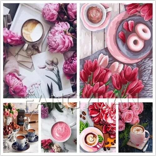5D Diy Diamond Painting Flowers Coffee Scene Handmade Home Decoration Full Square/round Rhinestone Set Mosaic Art Wall Pictures