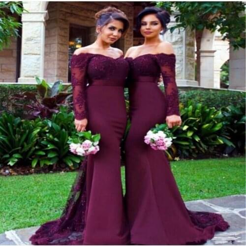 ANGELSBRIDEP Burgundy Mermaid Bridesmaid Dresses Vestido da dama de honra Fashion Long Sleeves Court Train Formal Evening Gowns