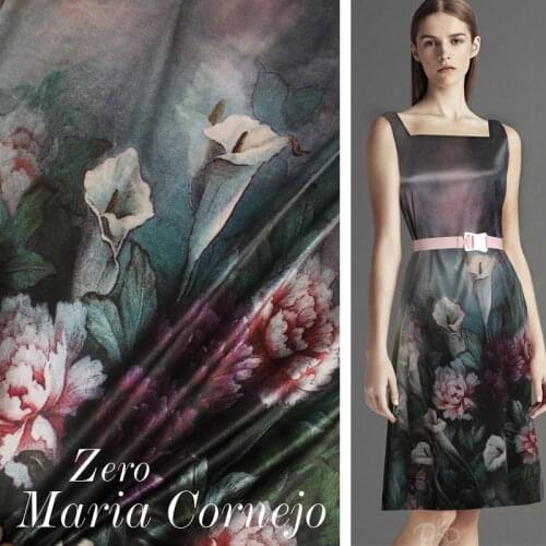 Free mulberry Heavy Silk Elegant Plants And Flowers Print Clothes Abaya Dress Light Blue fabrics textile for diy slopwork