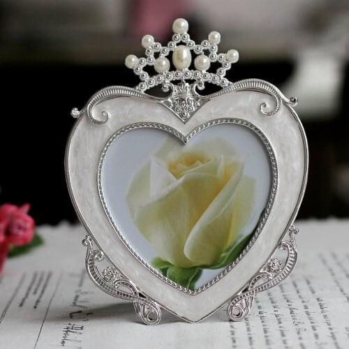 Shiny Silver Plated Heart Shaped Crown Design White With Pearls Jeweled 5x5 inches Tabletop Metal Alloy Picture Photo Frame