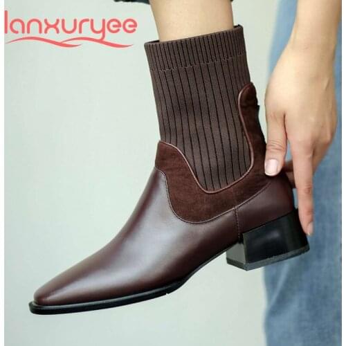 Lanxuryee genuine leather square toe med heel knitting boots British style vintage young lady streetwear campus ankle boots L13