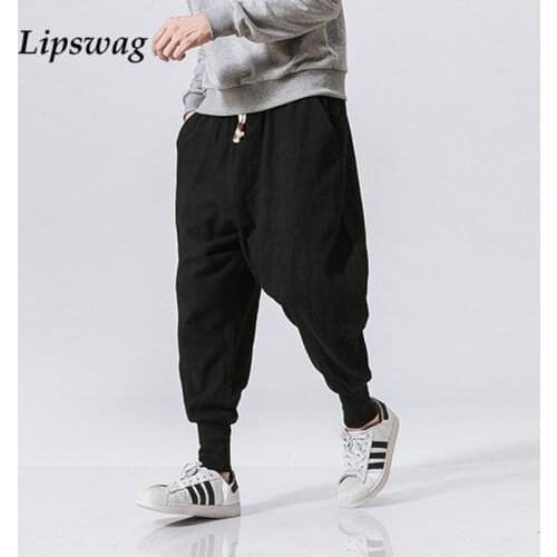 Summer Casual Cotton Linen Trouser For Men Harajuku Loose Solid Ankle Pants Fashion Drawstring Harem Pants Jogger Men Streetwear