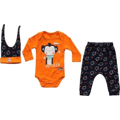 Monkey Pattern Orange Navy Blue 3'Lü Baby Boy Suits kids