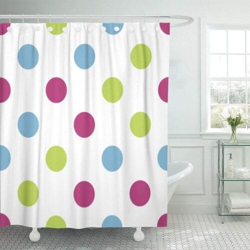 Retro Tri Color Kiddie Polka Dot Pattern Children Dress Shower Curtain Waterproof Polyester Fabric 72 x 72 Inches Set with Hooks