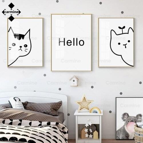 Cartoon Cat Painting On Canvas Minimalist Wall Art Poster and Print Modern Nordic Line Picture Black and White Prints Home Decor