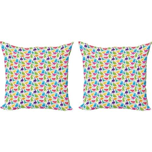 Colorful Dino Pillow Cushion Cover Pack of 2 Jurassic Dinosaurs Cartoon Art Zippered Double-Sided Accent for Living Room