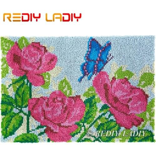 Latch Hook Rug Rose with Butterfly Plush Wall Tapestry Kits DIY Carpet Rug Chunky Yarn Arts Crochet Floor Mat Home Decor 87*58cm