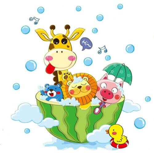 Cute Animals in the Bath Shower Wall Stickers Bathroom Bubbles Stickers for Kids Room Baby Room Home Decoration Art Decals Decor