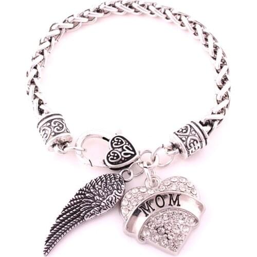 Fashion Bracelet For Female Good Birthday Gift MOM Written Archangel Wing And Heart Pendant Bangle Zinc Alloy Dropshipping