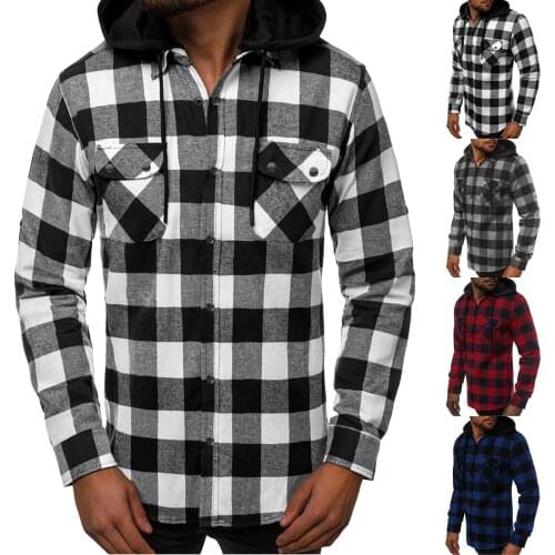 Mens New Casual Plaid Shirt Long Sleeve Double Pocket Removable Hooded Blouse High Quality Simple Daily Shirts Лонгслив 2021
