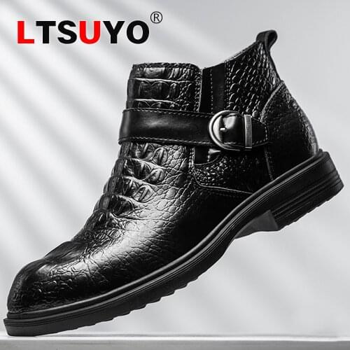 Mens leather crocodile pattern high-top business boots, outdoor velvet warm boots, fashion casual Martin boots, leather boots