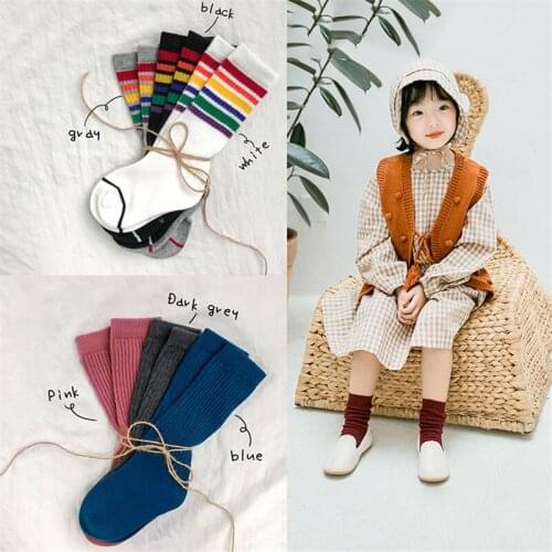 3Pairs/lot New Spring Winter Childrens Socks Cotton Knee High Warm Girl Boy Stripes Socks Solid Candy Color Kids Short Socks