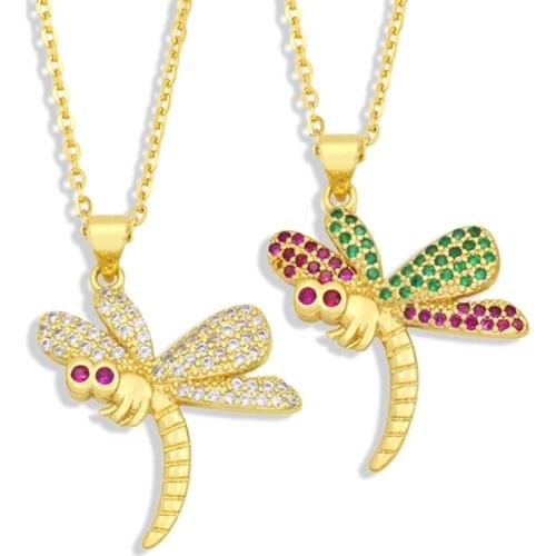FLOLA Copper CZ Dragonfly Necklace For Women White Stone Short Gold Chain Necklace Girls Jewelry nkey07