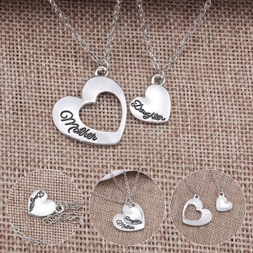 2pcs/Set Mother Daughter Heart Pendants Necklace Hollow Lettering Necklaces Fashion Silver Plated Necklace For Mothers Day Gift