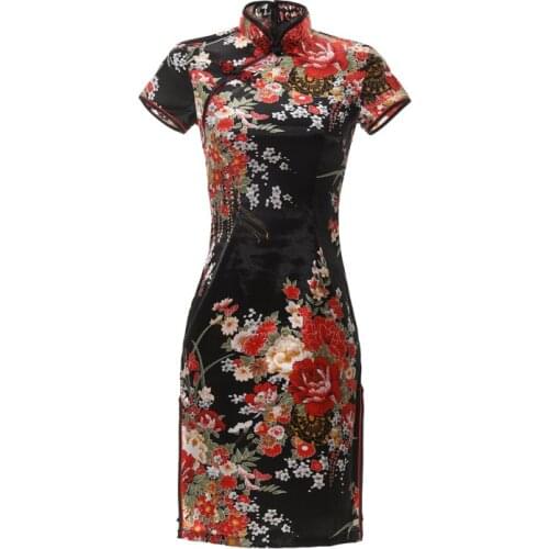Plus Size 6XL Black Flower Cheongsam Sexy Split Qipao Mini Chinese Traditioanl Dress Satin Female Mandarin Collar Dresses