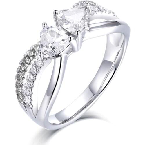 Luxury Ring For Women Pure 925 Sterling Silver Ring Pink Double Heart Shape Zirconia Rhinestone Rings Silver Jewelry For Girl