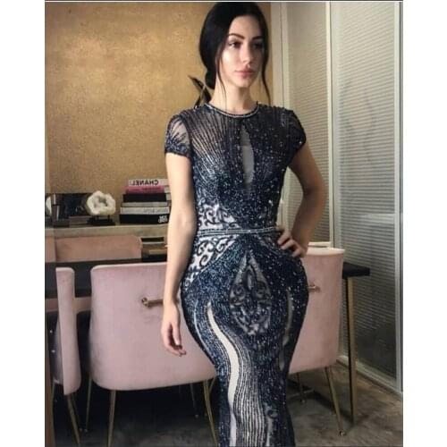 Luxury Navy Blue Full Diamond Evening Dresses 2020 Dubai Sexy O-Neck Beading Mermaid Formal Dress LE4018