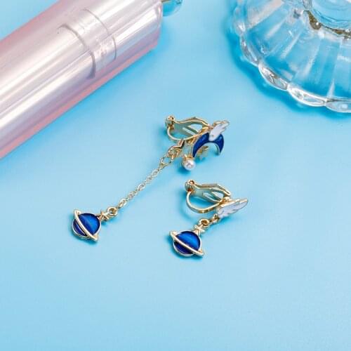 Fresh Style Clip on Earrings Star Moon Planet Wing Long Asymmetrical Enamel Earring Non Pierced For Girl Women Ear Clips Jewelry