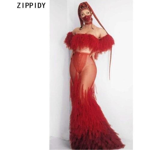 Red Mesh Fringe Mermaid Dress Women Prom Birthday Celebrate Outfit Evening Wedding Show Wear Prom Party Long Dress