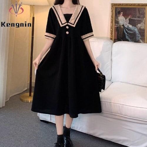 Loose Oversized Summer Womens Dress 2021 New Preppy Style Retro Fashion Vestidos Loose Sailor Collar Dress Woman Robe KE1378