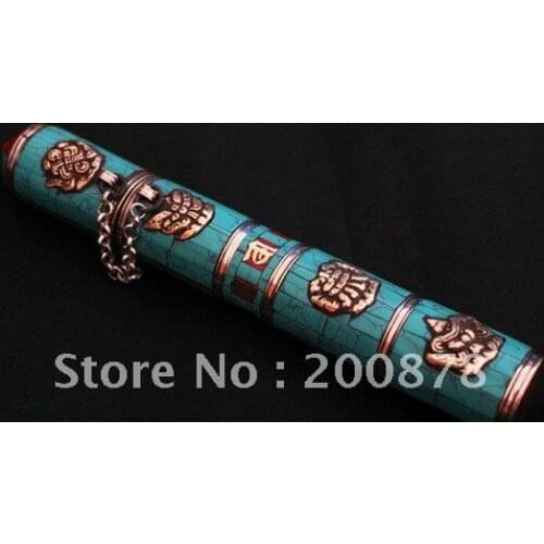 TBC888 Tibetan Handicarft Brass Inlay Turquoise Incense Box Tibetan Lucky Babao Cylinder Incense Case