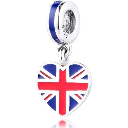 Britain Heart Flag Charm 925 Sterling Silver Beads for jewelry Making fit Charms Bracelet DIY Gift free shipping 02691