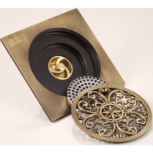 High quality 15cm*15cm Antique Brass Square Vintage Art Carved Floor Drain Cover Shower Waste Drainer Bathroom Accessor