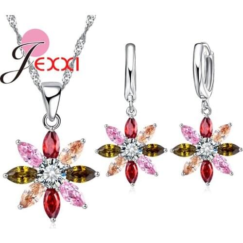 High Quality 925 Sterling Silver Jewelry Set For Women Wedding Accessory Fashion Flower Cubic Zircon Earring Necklace Set