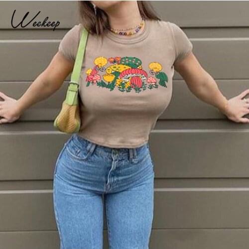 Weekeep Casual Women Slim Crop Top O Neck Short Sleeve Plant Printed Basic T-shirt Harajuku Streetwear Female Outfits Tee Summer