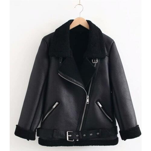 Women Beige Fur Faux Leather Jacket Coat With Belt Turn Down Collar Ladies 2020 Autumn Winter Thick Warm Oversized Coat B692