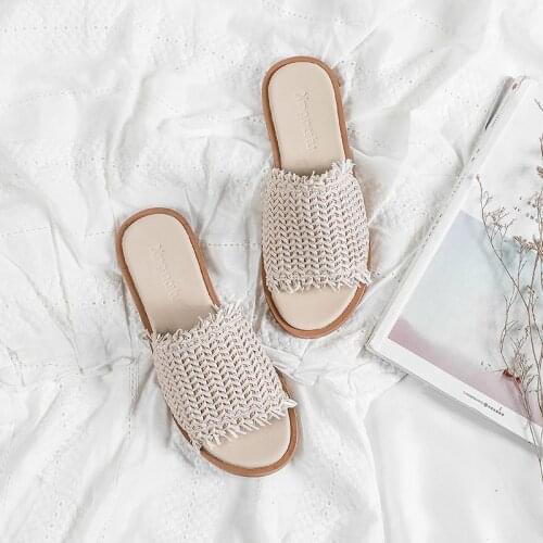 2019 korean summer solid weaving women slippers shoes tassel open toe flat girl slides luxury handmade weave leather flip flops