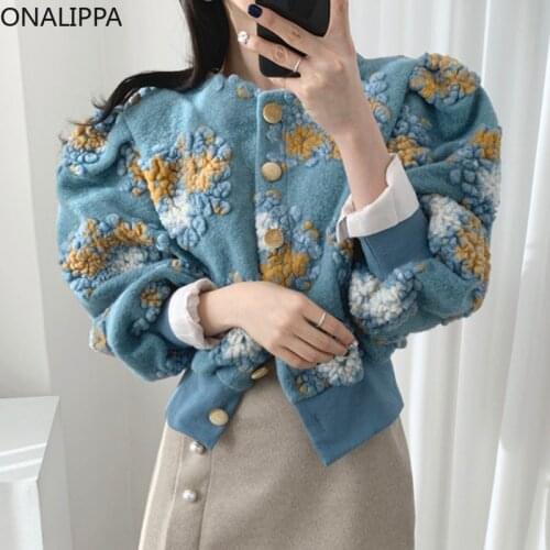 ONALIPPA French Vintage Temperament Coats Female Round Neck Single-Breasted Three-Dimensional Flower Lantern Sleeve Waist Jacket