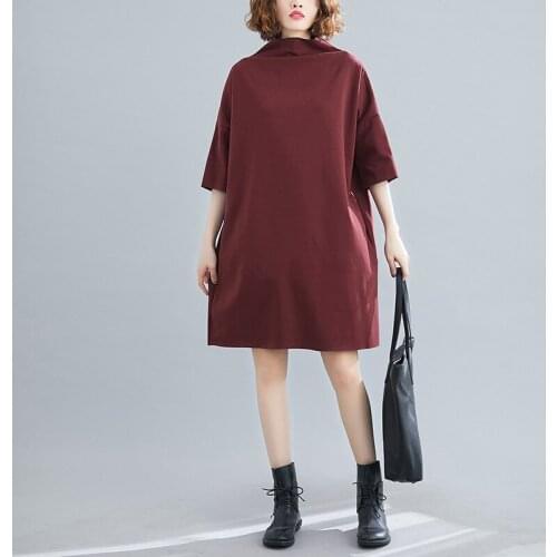 Oversized Women Cotton Casual Dress New 2021 Autumn Simple Style Solid Color Turtleneck Loose Female Knee-length Dresses B885