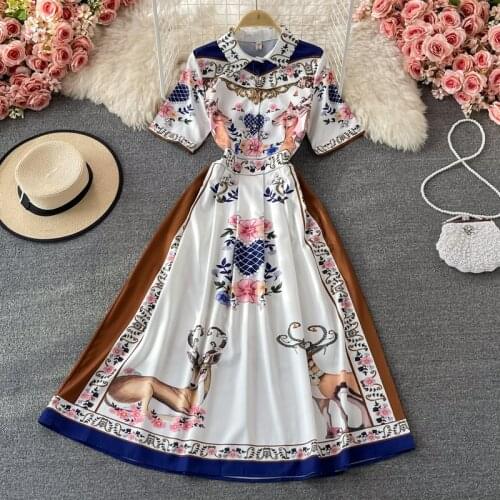 Women Runway Floral Dress Summer Shirt Dresses 2021 Flower Print Retro Half Sleeve Buttons Elegant Vintage Midi Dress N68406